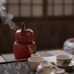 Gold Foil Pine Tree Red Soda Glaze Old Rock Clay Small Kettle/ Teapot - Image 6