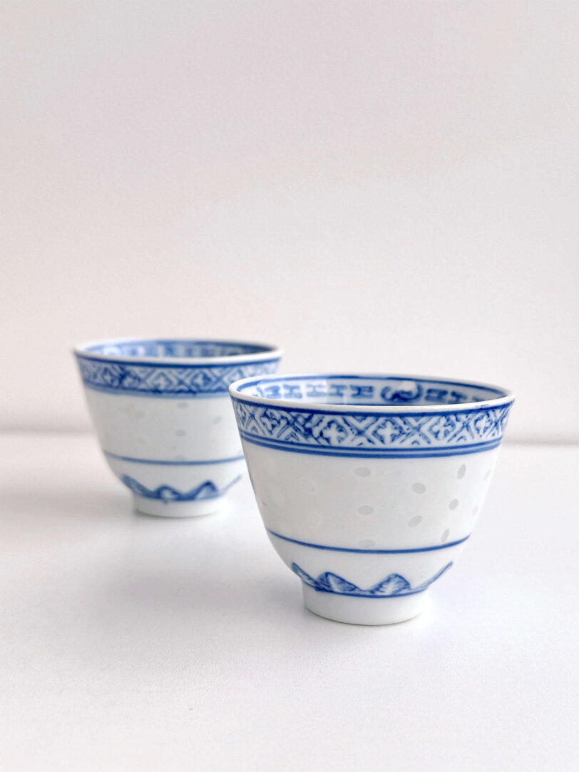 Blue and White Porcelain Rice Pattern Teacup-Blue and White Colour